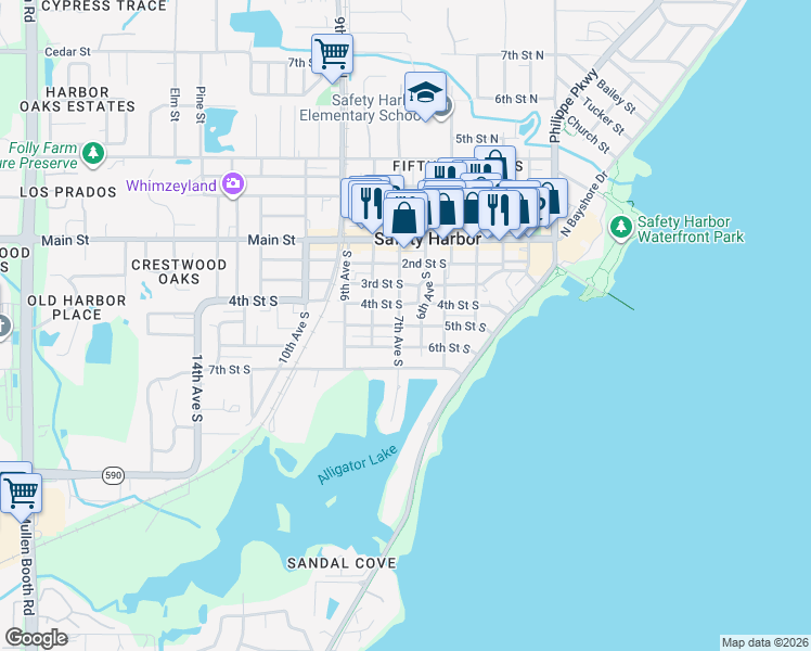 map of restaurants, bars, coffee shops, grocery stores, and more near 671 5th Street South in Safety Harbor