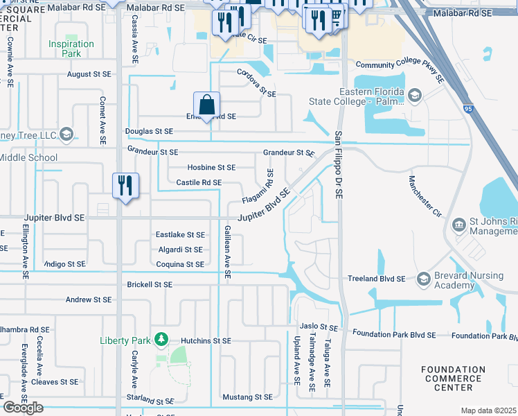 map of restaurants, bars, coffee shops, grocery stores, and more near 3831 Jupiter Boulevard Southeast in Palm Bay