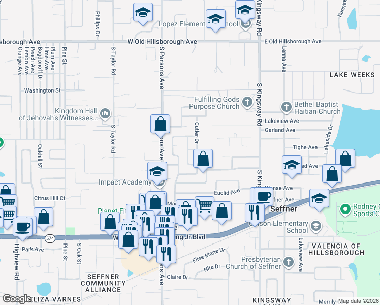 map of restaurants, bars, coffee shops, grocery stores, and more near 1001 Sagamore Drive in Seffner