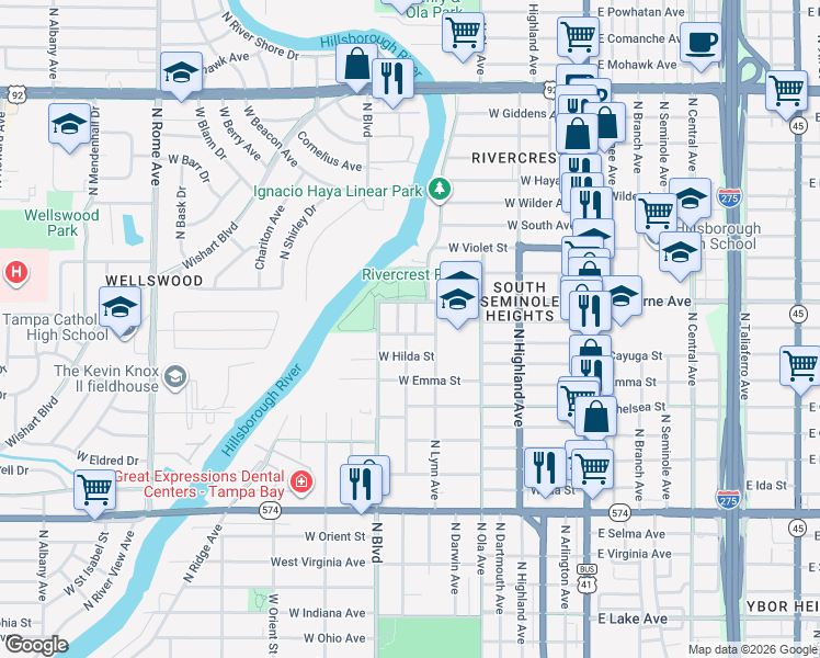 map of restaurants, bars, coffee shops, grocery stores, and more near 602 West Osborne Avenue in Tampa