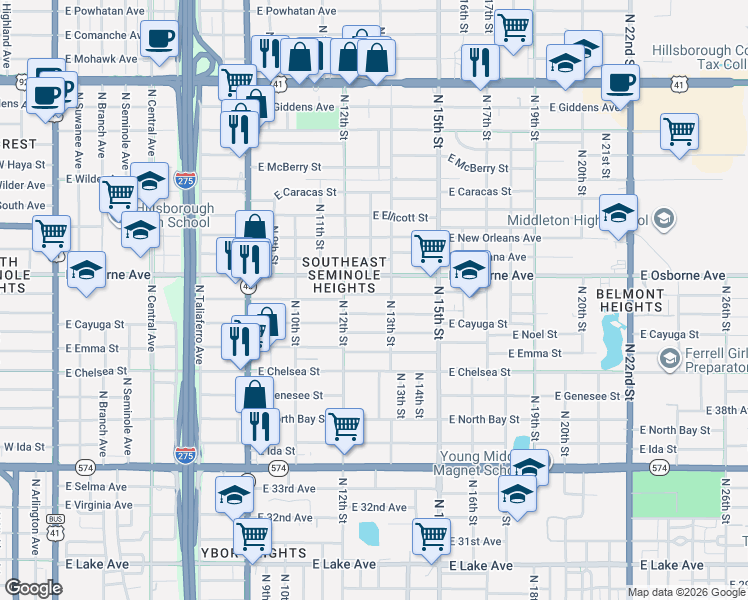 map of restaurants, bars, coffee shops, grocery stores, and more near 1211 East Osborne Avenue in Tampa