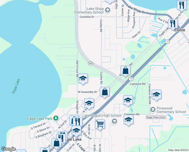 map of restaurants, bars, coffee shops, grocery stores, and more near 111 Shirley Court in Eagle Lake