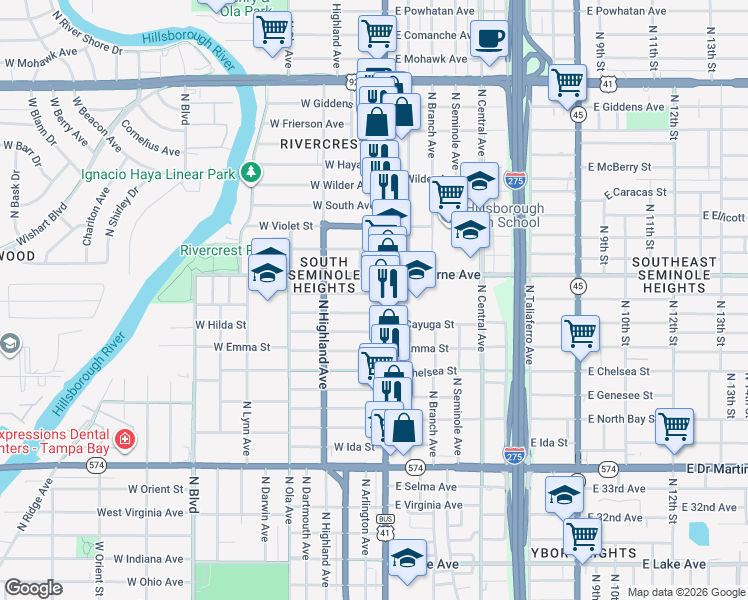 map of restaurants, bars, coffee shops, grocery stores, and more near 4710 North Florida Avenue in Tampa