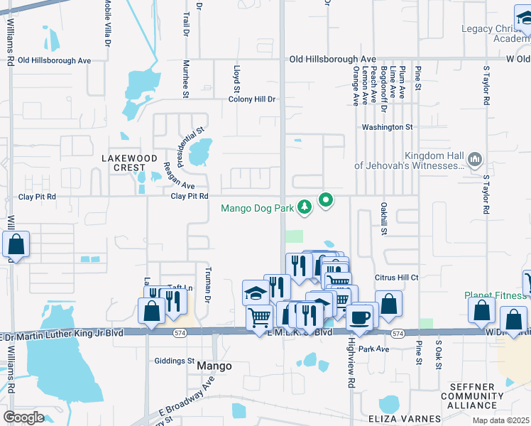 map of restaurants, bars, coffee shops, grocery stores, and more near 11609 Clay Pit Road in Seffner