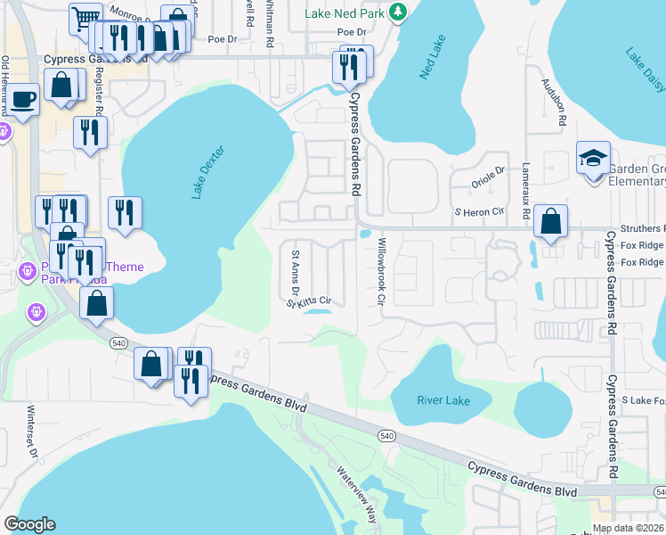 map of restaurants, bars, coffee shops, grocery stores, and more near 305 Montego Court Southeast in Winter Haven