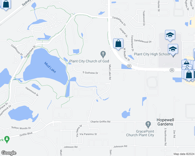 map of restaurants, bars, coffee shops, grocery stores, and more near 2508 South Golfview Drive in Plant City