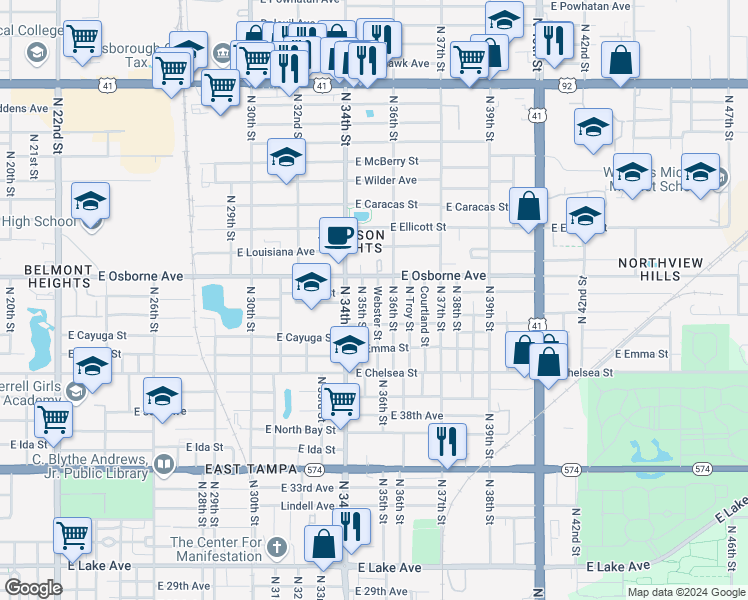 map of restaurants, bars, coffee shops, grocery stores, and more near 4616 Webster Street in Tampa