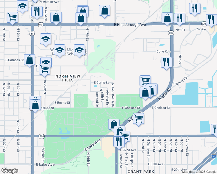 map of restaurants, bars, coffee shops, grocery stores, and more near 4816 East Curtis Street in Tampa