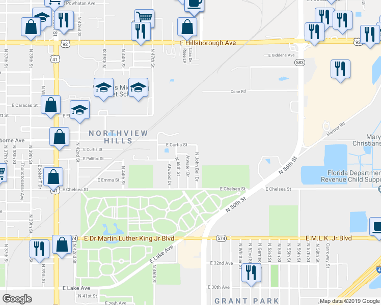 map of restaurants, bars, coffee shops, grocery stores, and more near 4816 East Curtis Street in Tampa