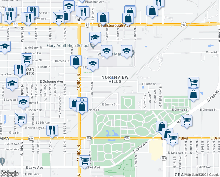 map of restaurants, bars, coffee shops, grocery stores, and more near 4231 East Osborne Avenue in Tampa