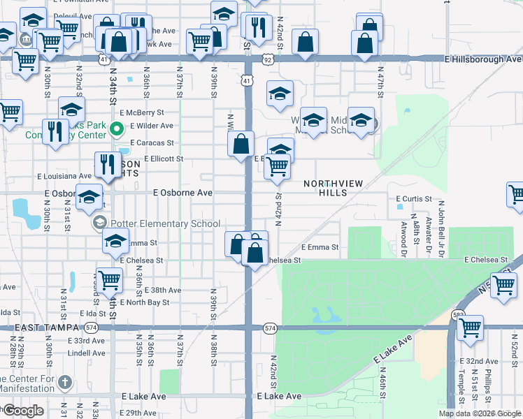 map of restaurants, bars, coffee shops, grocery stores, and more near 4013 East Osborne Avenue in Tampa