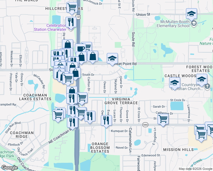 map of restaurants, bars, coffee shops, grocery stores, and more near 2715 Woodring Drive in Clearwater