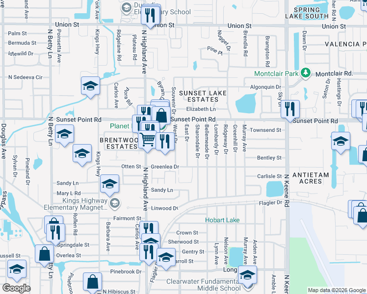 map of restaurants, bars, coffee shops, grocery stores, and more near 1841 East Drive in Clearwater