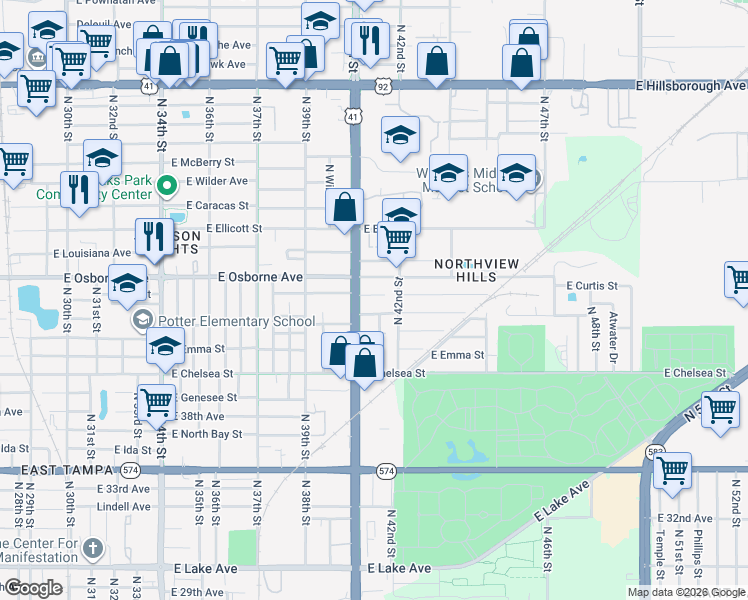 map of restaurants, bars, coffee shops, grocery stores, and more near 4013 East Osborne Avenue in Tampa