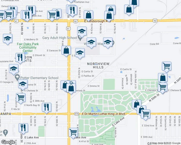 map of restaurants, bars, coffee shops, grocery stores, and more near 4225 East Curtis Street in Tampa