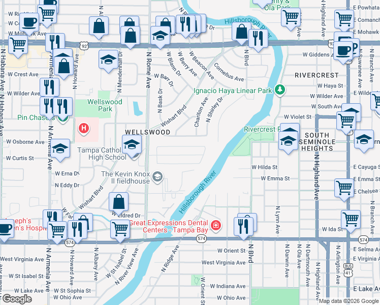 map of restaurants, bars, coffee shops, grocery stores, and more near 1507 West River Shore Way in Tampa