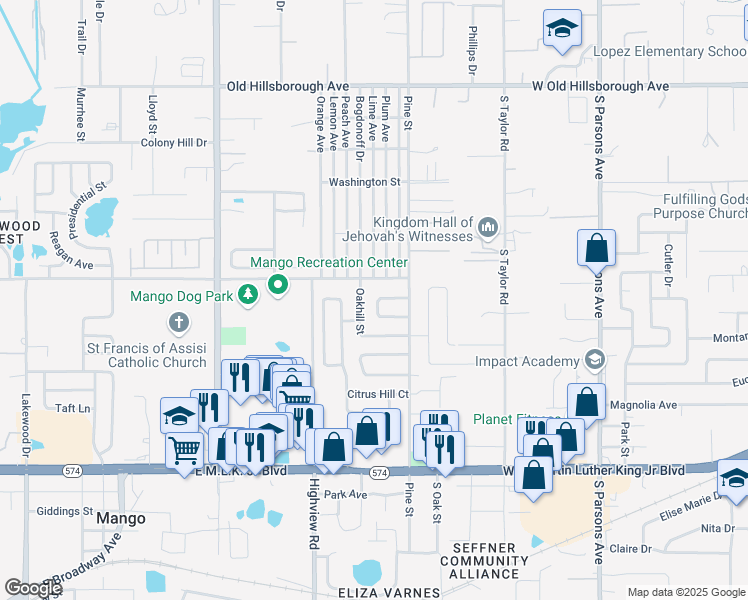 map of restaurants, bars, coffee shops, grocery stores, and more near 1214 Cedar Tree Lane in Seffner
