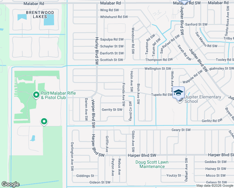 map of restaurants, bars, coffee shops, grocery stores, and more near 1229 Seabold Road Southwest in Palm Bay