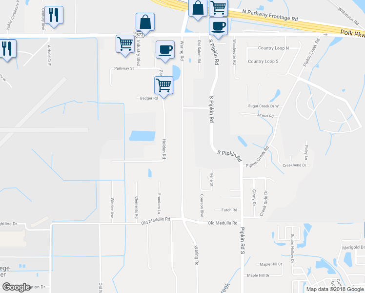 map of restaurants, bars, coffee shops, grocery stores, and more near Waring Road in Lakeland