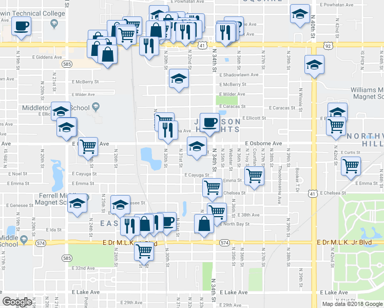 map of restaurants, bars, coffee shops, grocery stores, and more near 3101 East Osborne Avenue in Tampa
