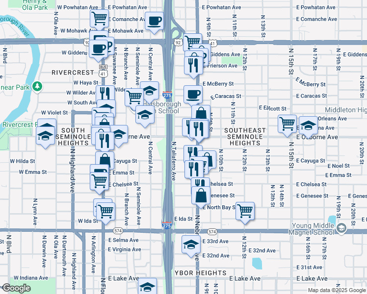 map of restaurants, bars, coffee shops, grocery stores, and more near 815 East Osborne Avenue in Tampa