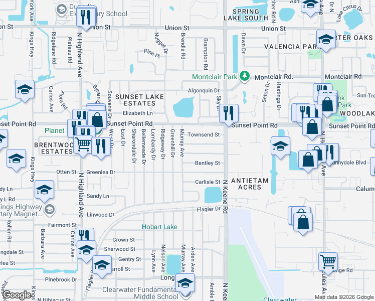 map of restaurants, bars, coffee shops, grocery stores, and more near 1860 Murray Avenue in Clearwater