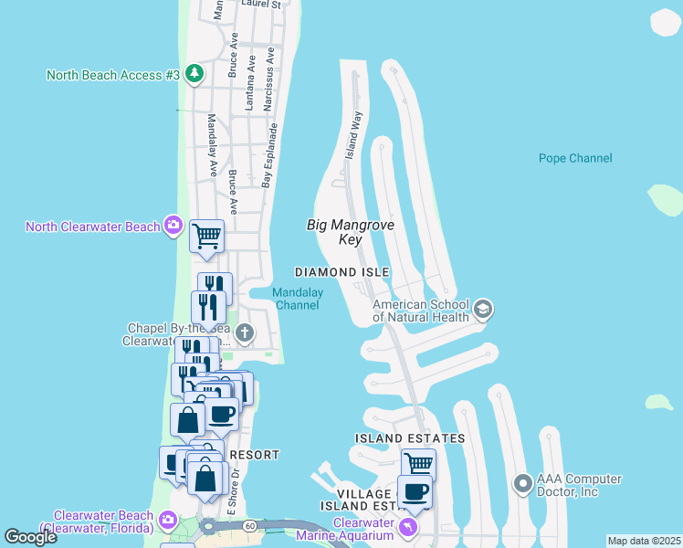 map of restaurants, bars, coffee shops, grocery stores, and more near 660 Island Way in Clearwater