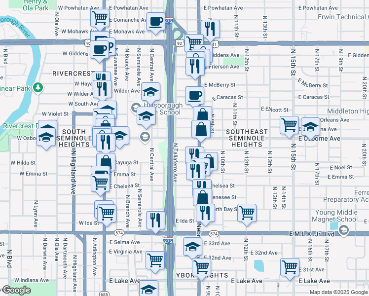 map of restaurants, bars, coffee shops, grocery stores, and more near 808 East Curtis Street in Tampa