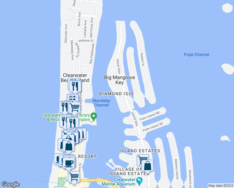 map of restaurants, bars, coffee shops, grocery stores, and more near 660 Island Way in Clearwater