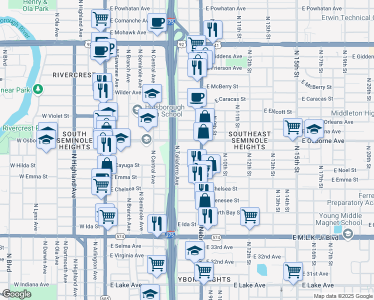 map of restaurants, bars, coffee shops, grocery stores, and more near 808 East Curtis Street in Tampa