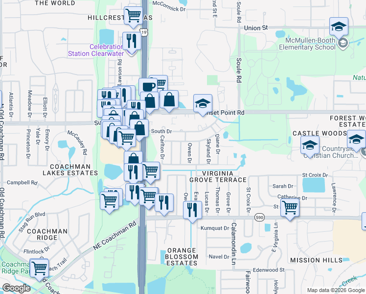 map of restaurants, bars, coffee shops, grocery stores, and more near 1837 Audrey Drive in Clearwater