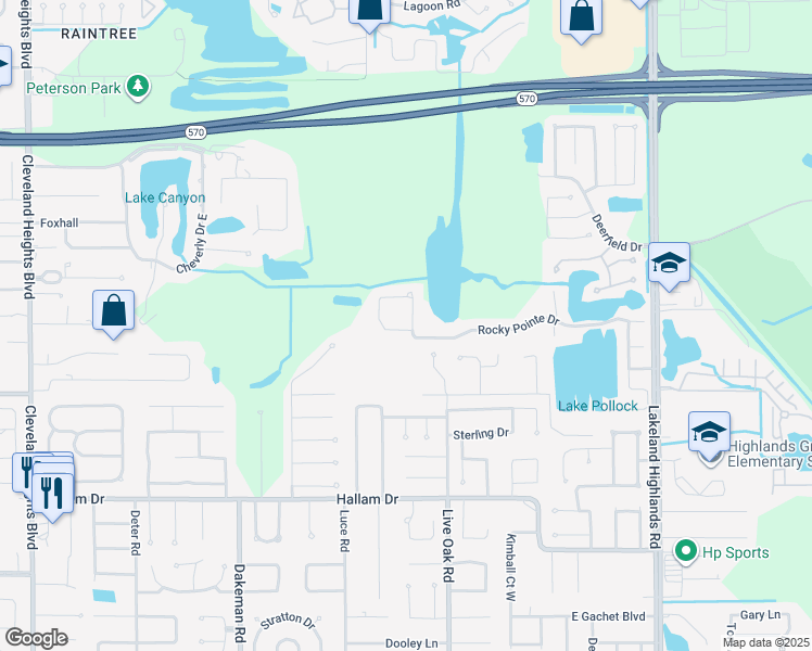 map of restaurants, bars, coffee shops, grocery stores, and more near 1835 Rocky Pointe Drive in Lakeland