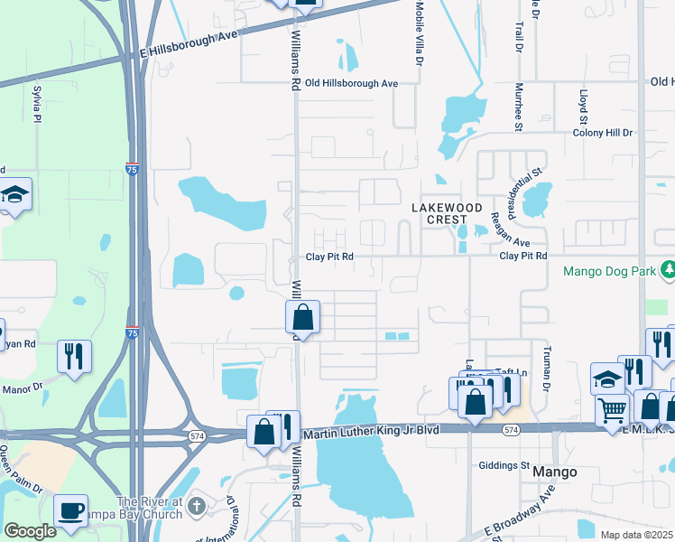 map of restaurants, bars, coffee shops, grocery stores, and more near 10921 Clay Pit Road in Tampa