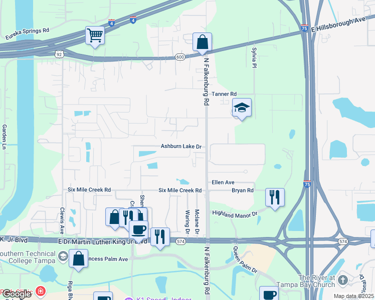 map of restaurants, bars, coffee shops, grocery stores, and more near 4714 Ashburn Square Drive in Tampa