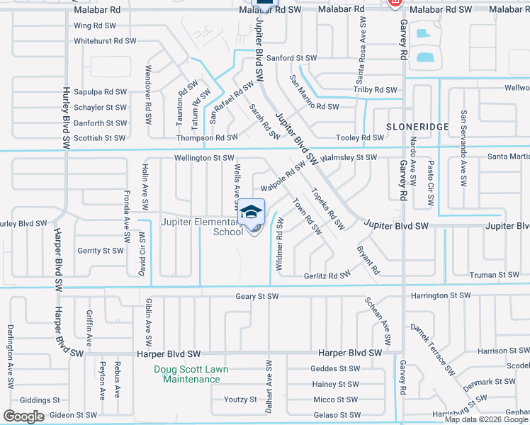 map of restaurants, bars, coffee shops, grocery stores, and more near 491 Tilhal Road Southwest in Palm Bay
