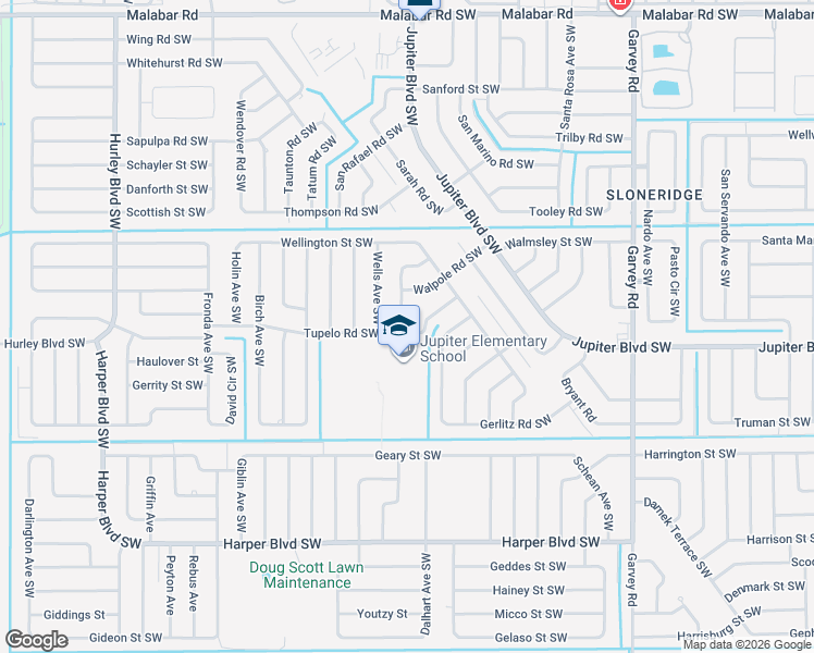map of restaurants, bars, coffee shops, grocery stores, and more near 491 Tilhal Road Southwest in Palm Bay