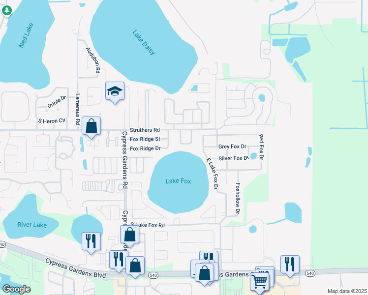 map of restaurants, bars, coffee shops, grocery stores, and more near 5630 Struthers Court in Winter Haven