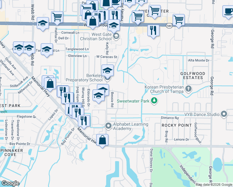 map of restaurants, bars, coffee shops, grocery stores, and more near 7349 Brighten Drive in Tampa