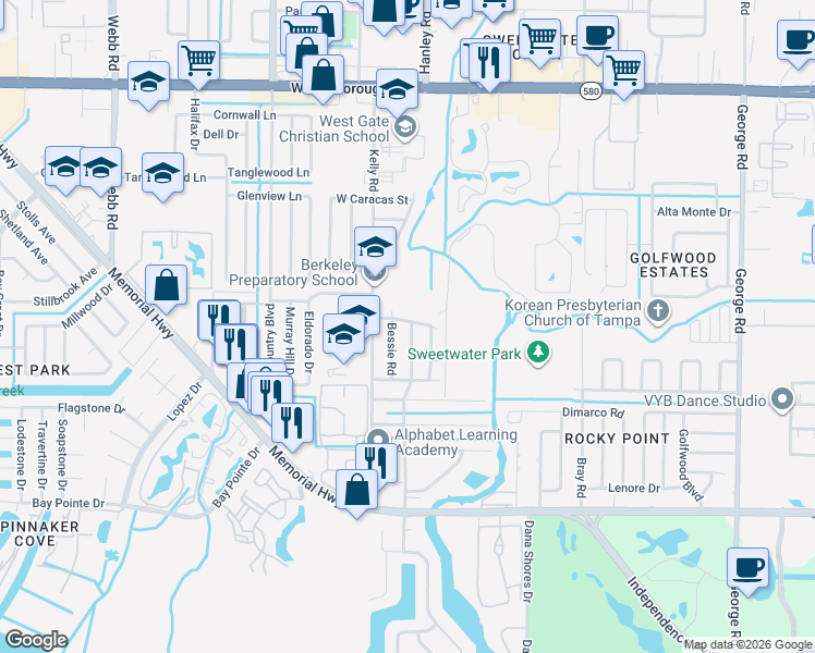 map of restaurants, bars, coffee shops, grocery stores, and more near 7349 Brighten Drive in Tampa