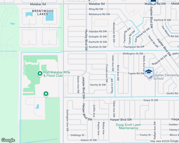 map of restaurants, bars, coffee shops, grocery stores, and more near 1290 Daton Road Southwest in Palm Bay