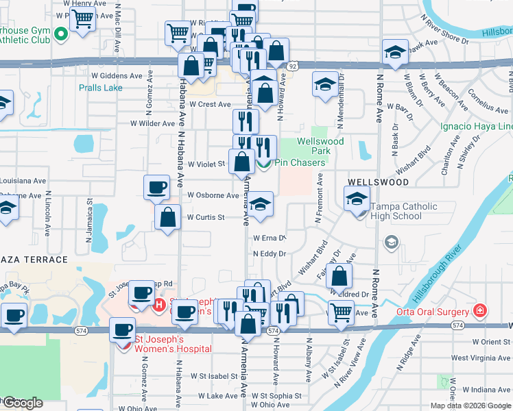 map of restaurants, bars, coffee shops, grocery stores, and more near 4705 North Armenia Avenue in Tampa