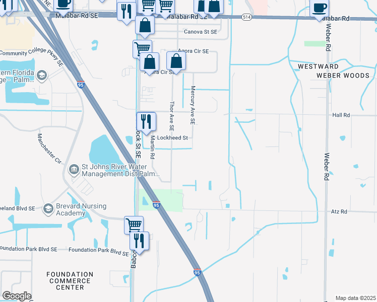 map of restaurants, bars, coffee shops, grocery stores, and more near 495 Mercury Avenue Southeast in Palm Bay