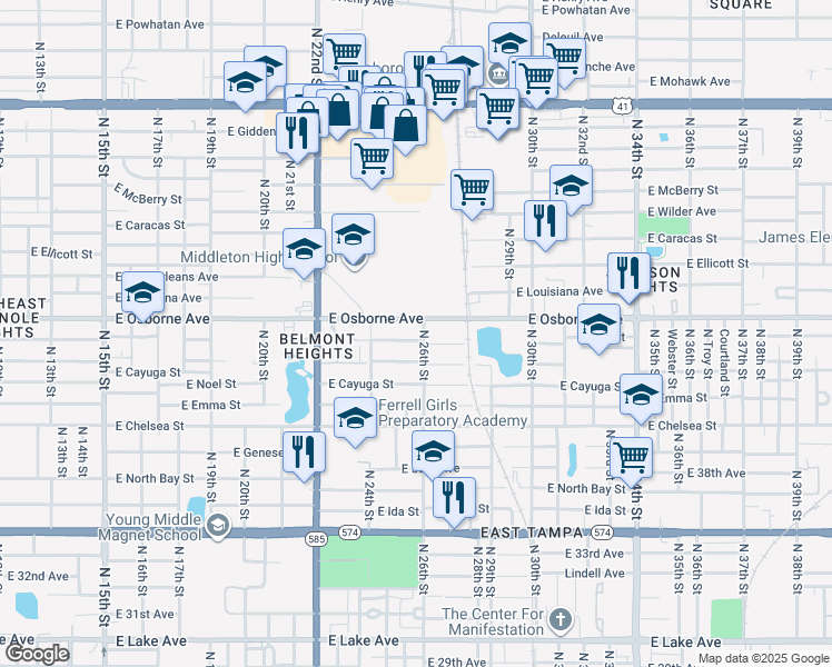 map of restaurants, bars, coffee shops, grocery stores, and more near 2509 East Osborne Avenue in Tampa