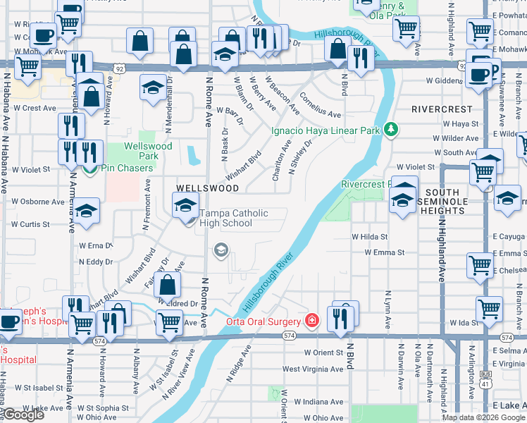 map of restaurants, bars, coffee shops, grocery stores, and more near 1516 West River Lane in Tampa