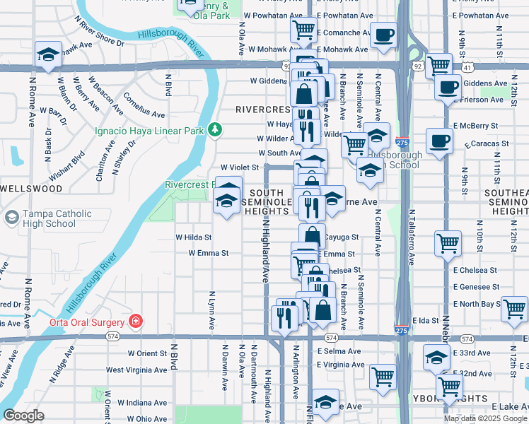map of restaurants, bars, coffee shops, grocery stores, and more near 304 West Osborne Avenue in Tampa