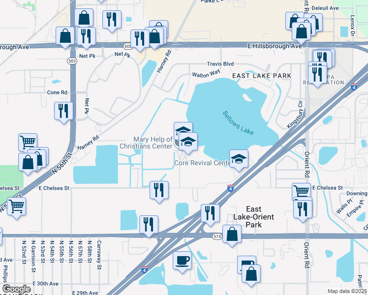 map of restaurants, bars, coffee shops, grocery stores, and more near 6400 East Chelsea Street in Tampa
