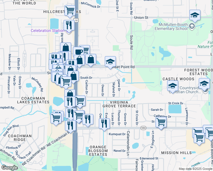 map of restaurants, bars, coffee shops, grocery stores, and more near 2715 Woodring Drive in Clearwater