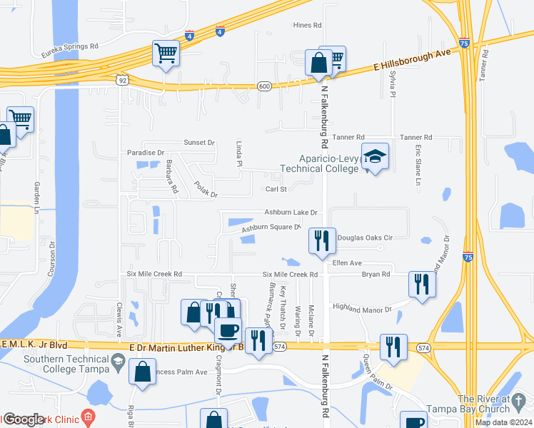 map of restaurants, bars, coffee shops, grocery stores, and more near 9909 Ashburn Lake Drive in Tampa