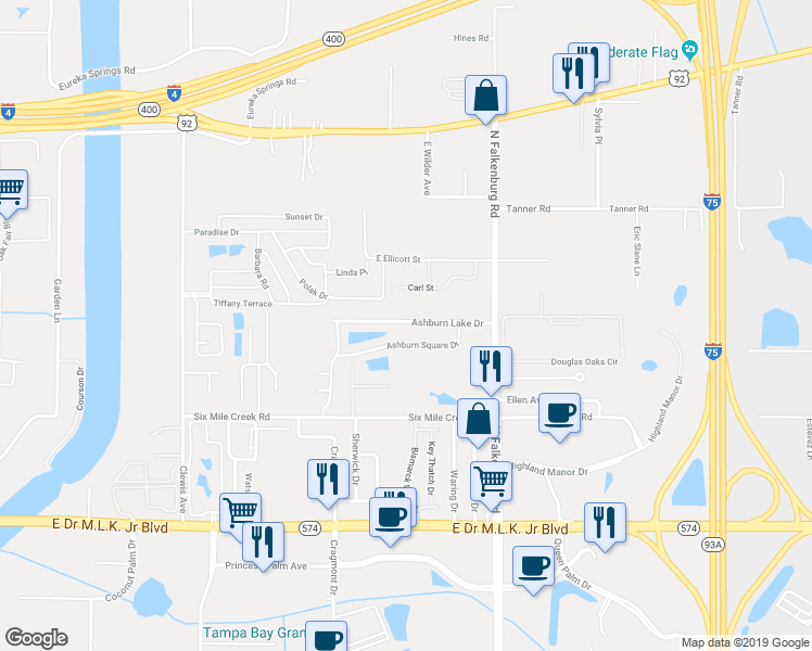 map of restaurants, bars, coffee shops, grocery stores, and more near 9932 Ashburn Lake Drive in Tampa