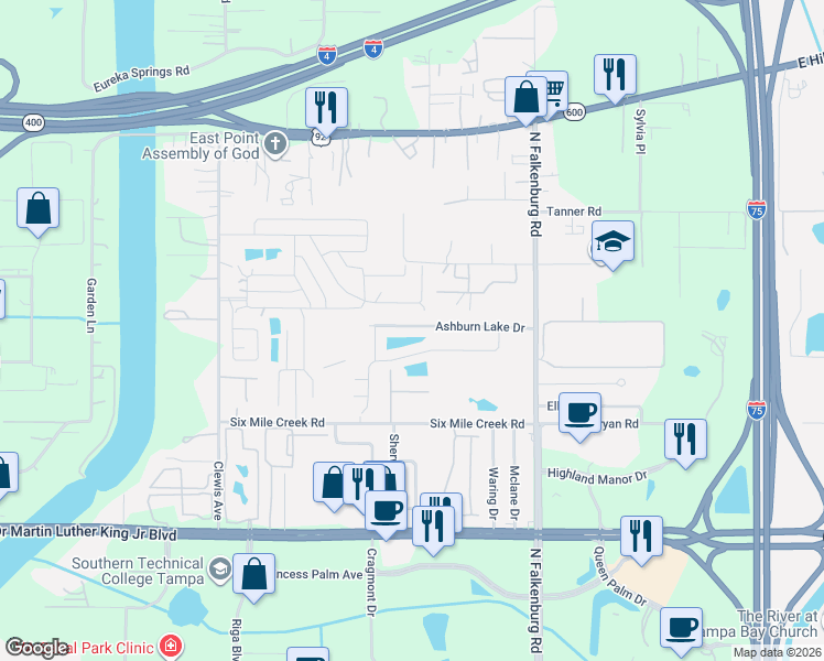 map of restaurants, bars, coffee shops, grocery stores, and more near 9862 Ashburn Lake Drive in Tampa